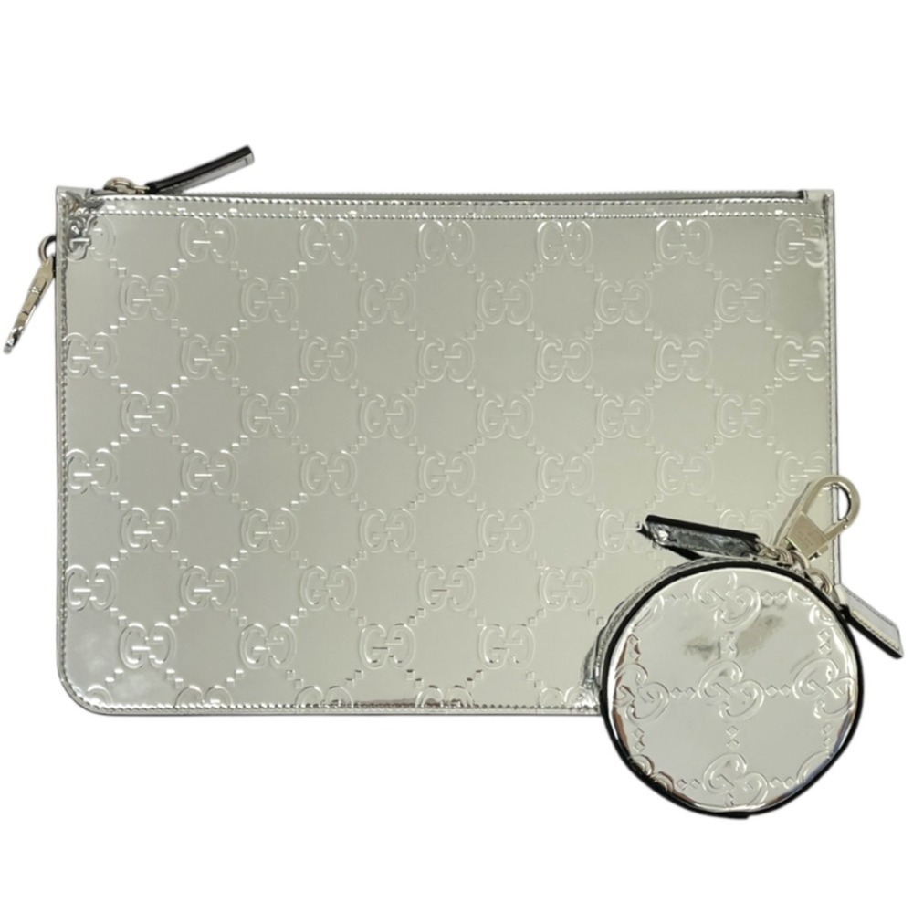 GUCCI GG Shima Mirror Effect Circle Pouch Clutch Bag Set 812339 Silver Color ...